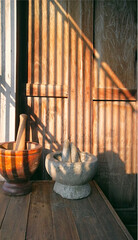 Wall Mural - Old  mortar pestles  in the traditional Thai kitchen .Background is shadow on rough  wooden wall .