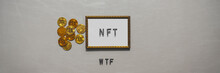 NFT Cryto Digital Art Text In Golden Frame And Crytocurrency On Silver Banner Background.