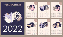 Calendar 2022. Yearly Calendar. Concept Design - Yoga For Pets. Set Of Templates For 12 Months 2022 With Cute Dogs Meditating, Doing Yoga And Fitness. Vector. 6 Pages Of 2 Months A4 Size And Cover