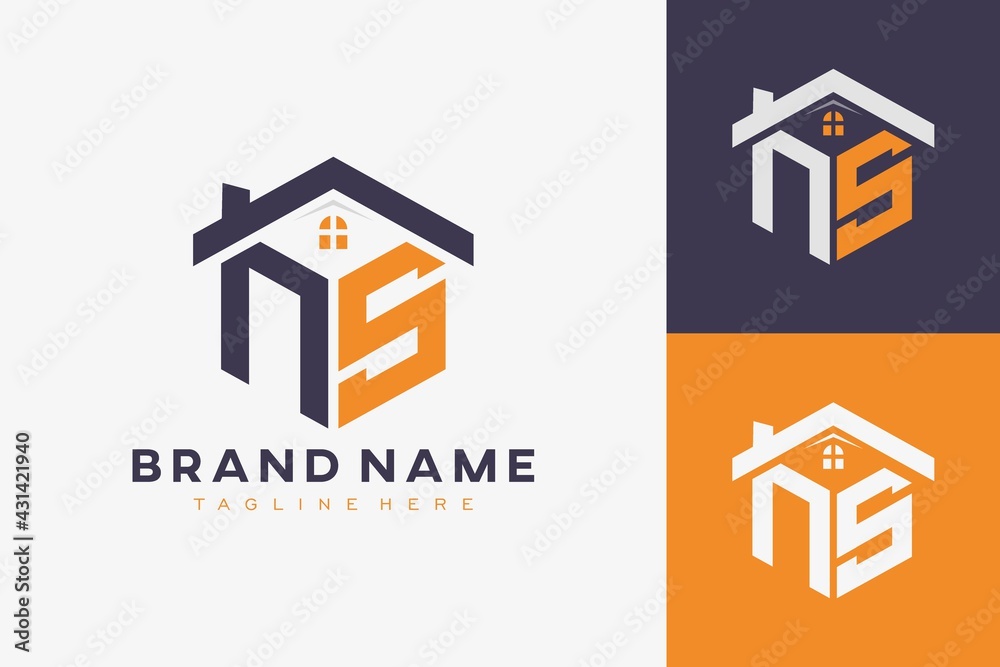 hexagon NS house monogram logo for real estate, property, construction ...