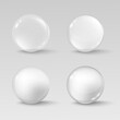 Glass transparent spheres shiny circle beads and precious pearl with soft shadows