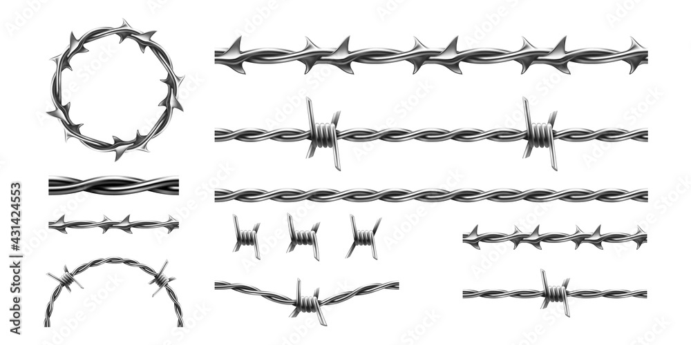 Realistic barbed wire. Prison metal fence elements. 3d military border. Jail protective barrier. Types set of metallic cables with thorns. Vector intertwined of lines, boundary template - obrazy, fototapety, plakaty 
