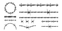 Realistic Barbed Wire. Prison Metal Fence Elements. 3d Military Border. Jail Protective Barrier. Types Set Of Metallic Cables With Thorns. Vector Intertwined Of Lines, Boundary Template