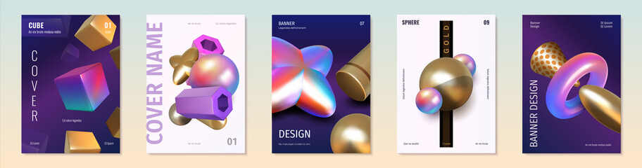 Poster - Render shapes posters. Abstract 3D holographic metallic elements. Golden and iridescent geometric figures. Modern covers with minimal composition of cubes or spheres. Vector banners set