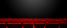 Cinema Movie Theatre With Red Seats Rows And A Black Background. Horizontal Banner
