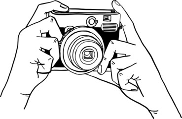 Wall Mural - Hand holding a camera taking pictures Photographer  Influencer marketing concept Hand drawn style vector illustration