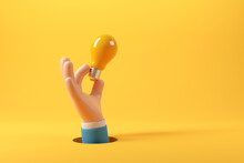 Hand Of Businessman Holding Light Bulb On Yellow Background. Business Creative Idea Concept. Copy Space, 3d Render.