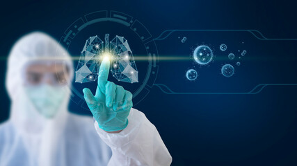 Aufkleber - A doctor wearing a ppe gown touches a lung shape on a touchscreen. With a picture of the coronavirus on the side, healthy and technology concept
