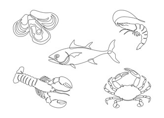 Seafood set in one line art style. Lobster, fish, crab, shrimp, oysters single line drawing. Restaurant menu icons, vector illustration