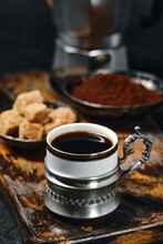 Closeup View Of Espresso Coffee, Broun Sugar And Geyser Coffee Maker