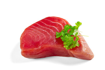 Wall Mural - fresh raw yellowfin sliced tuna steak isolated on a white background. bluefin tuna medallions