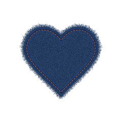 denim heart shape with seam. torn jean patch with stitches. vector realistic illustration on white b