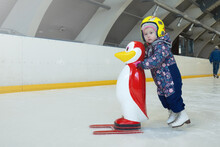 Girl 3 Years Old Learn To Skate On An Indoor Ice Skating Rink. A Plastic Penguin Is Being Pushed By Skating Girl For Support. Fun Winter Activity For Little Children.
