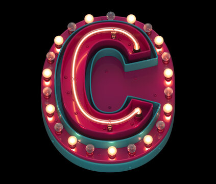 Lamp and neon font. Red and blue metal. Letter C. 