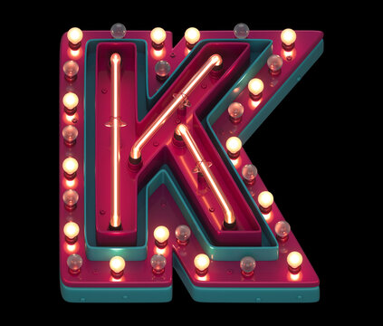 Lamp and neon font. Red and blue metal. Letter K. 