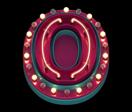 Lamp and neon font. Red and blue metal. Letter O. 