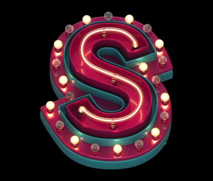 Lamp and neon font. Red and blue metal. Letter S. 