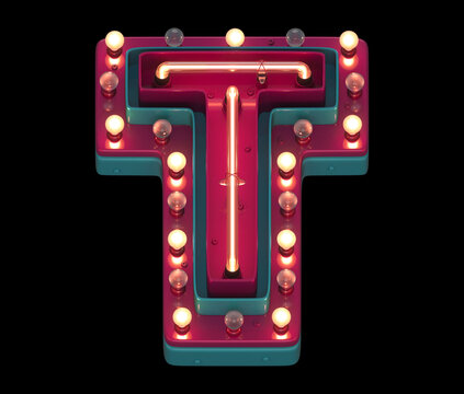Lamp and neon font. Red and blue metal. Letter T. 