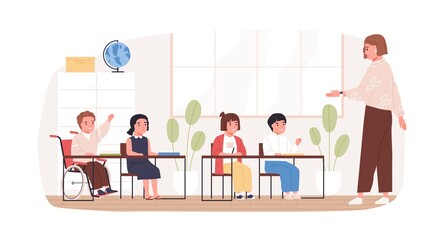 Poster - Disabled child in wheelchair studying in school. Concept of social inclusion of handicapped children into education. Boy in wheel chair in classroom. Colored flat vector illustration isolated on white
