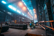 Metallurgical plant or Steel Factory, Large Workshop Interior with industrial cranes and workers, Heavy Industry, Iron and Steelmaking.