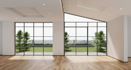 Wall Mural - Empty room design copy space with the wooden floor and foliage outside 3d rendering