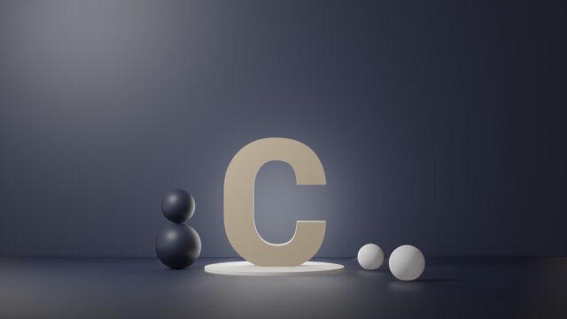 C Lettering in photo realistic rendering. 3D Illustration alphabet with copy space. Decoration element for background