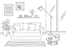 Living Room Graphic Black White Home Interior Sketch Illustration Vector 
