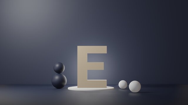 E Lettering in photo realistic rendering. 3D Illustration alphabet with copy space. Decoration element for background