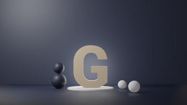 G Lettering in photo realistic rendering. 3D Illustration alphabet with copy space. Decoration element for background