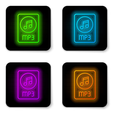 Glowing neon line MP3 file document. Download mp3 button icon isolated on white background. Mp3 music format sign. MP3 file symbol. Black square button. Vector