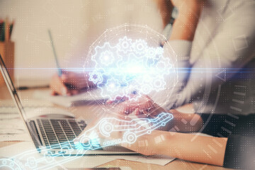 Aufkleber - Double exposure of woman hands working on computer and data theme hologram drawing. Tech concept.