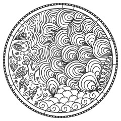 Wall Mural - Zendala. Zentangle. Hand drawn circle mandala with abstract patterns on isolation background. Design for spiritual relaxation for adults. Line art creation. Black and white illustration for coloring.