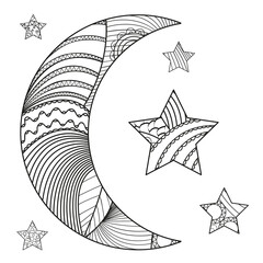 Wall Mural - Zentangle moon and star with abstract patterns on isolation background. Design for spiritual relaxation for adults. Line art creation. Black and white illustration for anti stress colouring page. 