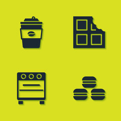 Sticker - Set Coffee cup to go, Macaron cookie, Oven and Chocolate bar icon. Vector