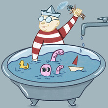 Children's Book Illustration Boy In The Bathroom. Hand Drawn Child With A Pencil Plays With Toys In The Water. Little Pirate And Toy Octopus. Rubber Duck For Swimming.
