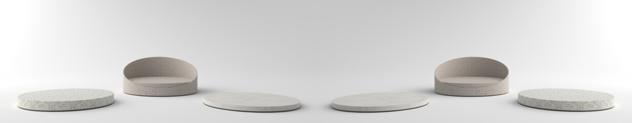 Wall Mural - 3d rendering of round marble pedestal, podium for display product on the white floor. pedestal can b