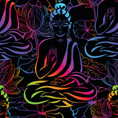 Wall Mural - seamless pattern of versicolored sitting Buddha on a black background. Gautama Siddhartha. Shakyamuni. Buddhism, Meditation, Esoteric and Psychedelic