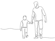 One Line Father. Dad Walking With Son. Fatherhood Poster With Man And Child Holding Hands. Continuous Lines Happy Fathers Day Vector Concept