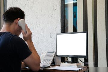 Poster - Man working on computer and working at home concept
