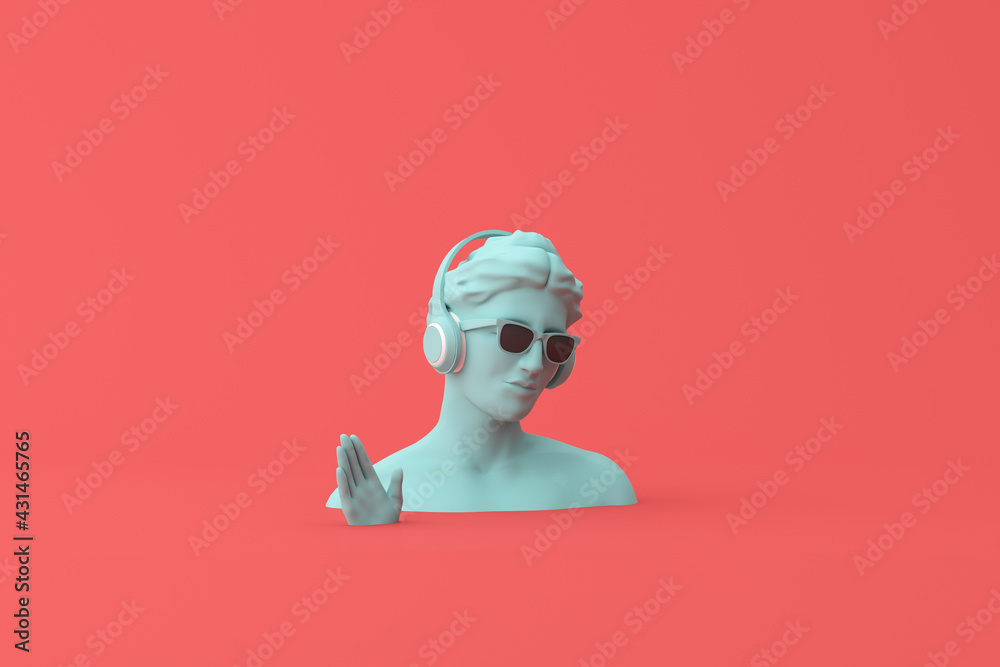 Minimal scene of sunglasses and headphone on human head sculpture, Music concept, 3d rendering. - obrazy, fototapety, plakaty 