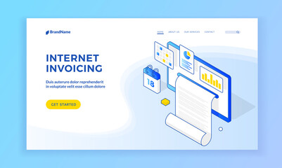 Poster - Internet invoicing. Isometric vector graphic elements of receipt and app icons of website with information about invoicing via Internet. Isometric web banner, landing page template