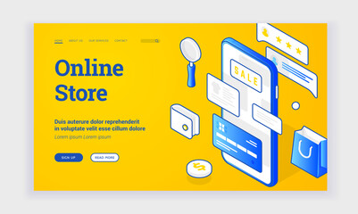 Poster - Online store landing page template. Banner of modern web page design with blue icons and information about online store. Mobile shopping application. Paying for purchases with smartphone contactless