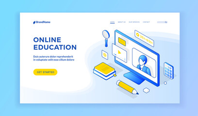 Poster - Online education. Isometric landing page template. Homepage design with blue icons of computer and studying elements. Video tutorial. Web conference, webinar, study from home