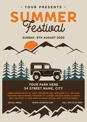summer festival camp flyer a4 format. mountain road trip adventure poster graphic design with forest