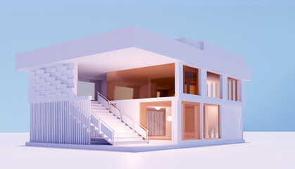 Poster - Layout of a modern cottage. 3d model of a two-story house with the lights on. Project of a building with a staircase and panoramic windows. White cottage with a flat roof.