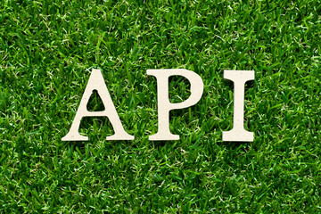 Wall Mural - Wood alphabet letter in word API (Abbreviation of Application programming interface or Active pharmaceutical ingredient) on green grass background