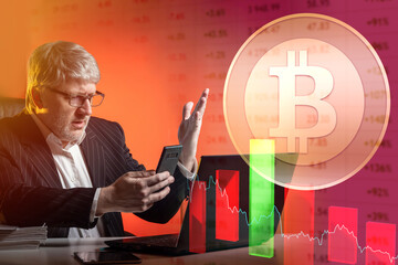 Poster - The fall in the price of bitcoin. The man is shocked by the fall in the price of bitcoin. Falling Bitcoin price chart. Digital currency mining. The businessman on the cryptocurrency market.