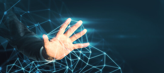 Aufkleber - Businessman touching an abstract cloud with his hand on a dark background,. Technology and innovation concept