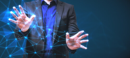 Aufkleber - Businessman holding an abstract cloud in his hands on a dark background. Technology and innovation concept
