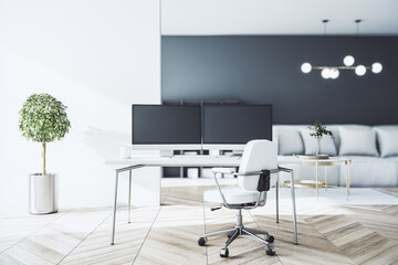 Aufkleber - Stylish sunny work place at home with light furniture, computer monitors on white table, parquet and green tree in a flowerpot